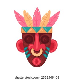 Máscara tribal africana ritual. Cerimonial de madeira azteca ou ídolo africano, máscara étnica colorida ilustração vetor plana. Desenho animado havaiano tiki totem