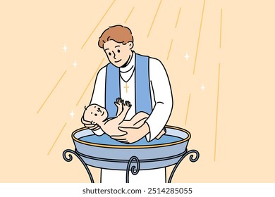 Ritual of baptism for baby is carried out by priest, dipping newborn into holy water inside church building. Baptism procedure in christian religion, for blessing son of catholic mom and dad