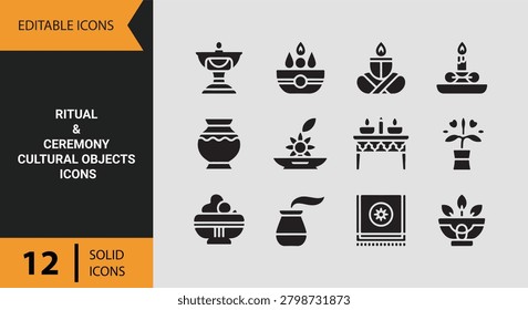 Ritual and ceremony cultural objects solid icon set representing traditional practices sacred events and cultural heritage celebration design concepts