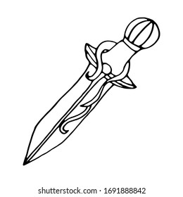 La daga ritual sobre un fondo blanco. Ilustración vectorial dibujada a mano. Trabajo negro, tatuaje flash o diseño de impresión. Ilustración vectorial de estilo de línea de doodle. Occultismo, Wicca, Herbalismo