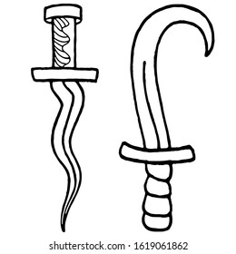 Ritual daggers isolated on white background. Hand drawn vector illustration. Black work, flash tattoo or print design. Doodle style line vector illustrations. Occultism, wicca, herbalism