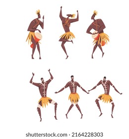 Ritual dance Set. African people dancing traditional dance wearing traditional costumes cartoon vector illustration