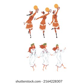 Ritual dance Set. People dancing traditional dance wearing traditional costumes cartoon vector illustration