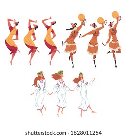 Ritual Dance Set, Personas de diferentes nacionalidades bailando danza folclórica usando disfraces tradicionales estilo caricatura Vector Ilustración