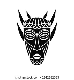 Ritual ethnic mask of demon with horns. Black totem head of ancient aboriginal deities for religious rituals with ornament of protection from evil forces and ceremonial vector dances