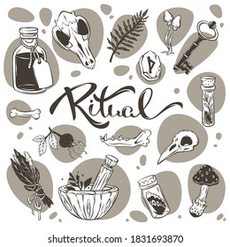 Ritual, Halloween Pagan vector collection of magic objects and ingredients