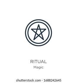 Icono de ritual. Icono de contorno ritual lineal delgado aislado en fondo blanco de la colección mágica. Signo vectorial de línea, símbolo para web y móvil