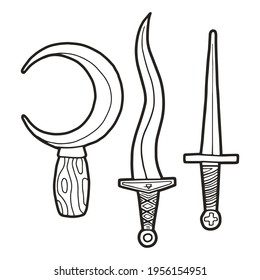 Ritual knives. Herbal sickle. Black outline. Magic items. 