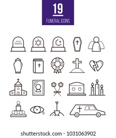 Ritual line style vector icons. Funeral objects set