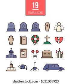 Ritual line style vector icons. Funeral objects set