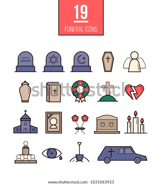 Ritual line\
style vector icons. Funeral objects\
set