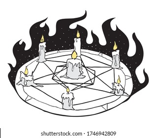 Ritual. Magic circle with candles. Summon Demon. Witchcraft symbols. Vector