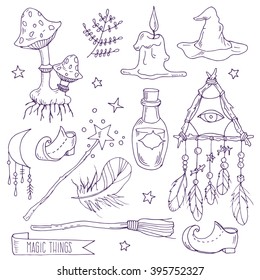 Ritual magic things; Hand drawn vector illustration of witchcraft attributes; Set of mystic things for young witch; sketch style; feathers, half-moon, herbs, mushrooms, candle, hat