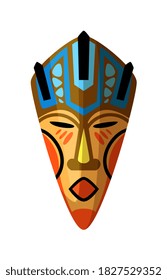 Ritual Mask. Vector African Facial Masque, Totem Indigenous Symbol Isolated On White Background. Masking Ethnic Culture In Africa Illustration