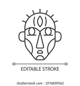 Ritual masks linear icon. Supernatural beings, ancestors representation. Ceremonial mask. Thin line customizable illustration. Contour symbol. Vector isolated outline drawing. Editable stroke