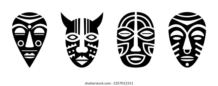 Ritual masks of shamans and aborigines set. Voodoo face totem of african god demon for religious and traditional ceremonial vector rituals