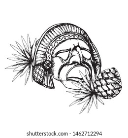 Ritual, national, traditional Mexican mask with a blue agave bush. Hand-drawn on paper, in the form of a black-and-white contour, on a white background, site design element, magazine, poster.