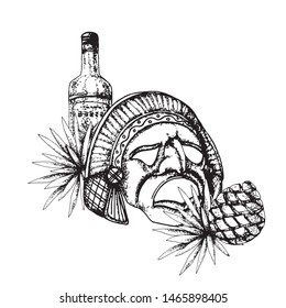 Ritual, national, traditional Mexican mask with a blue agave bush and a bottle of tequila, painted on paper with hands, in the form of a black and white contour, on a white background, site design ele