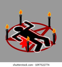 Ritual sacrifice. Pentagram of devil. Satan sign. Call daemon. Black candles. Vector illustration