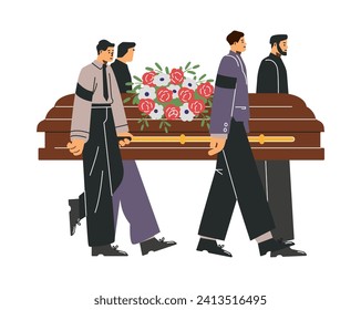 Ritual service men carry the coffin with flowers wreath. Burial ceremony procession. Funeral, mourning tradition. Flat vector illustration isolated on white background