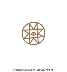 Ritual sign with eye silhouette, magic esoteric and occult symbol icon. Magical antique rounded amulet for lucky and protective. Vector brown outline illustration of of talisman isolated on white