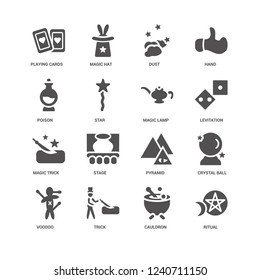 Ritual, Star, Playing cards, Magic hat, Crystal ball, Pyramid, Stage, Cauldron icon 16 set EPS 10 vector format. Icons optimized for both large and small resolutions.