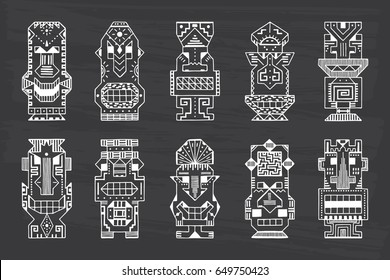 Ritual symbols. Vector Set of Tribal Polynesian Tiki Masks. Hand Drawn Doodle Hawaiian Totem Idol Carved Masks statue. Religious or Ethnic design elements. 