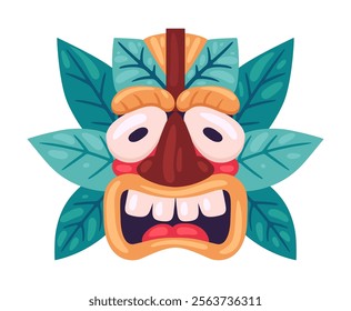 Ritual totem mask. Cartoon wooden tiki african or hawaiian mask, ethnic tribal ritual idol flat vector illustration. Ceremonial mask on white