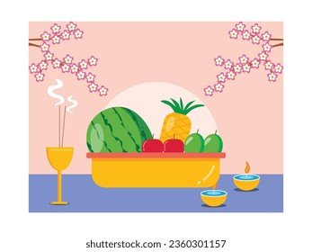 The ritual tradition of incense, flowers and candles in India is served by serving fruit. Character design. Vector flat illustration