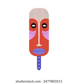 Ritual tribal mask. Vector image of a ceremonial mask in the bright colors of Aztec or African culture. Ideal as cultural, ritual icons in simple flat style on isolated background.