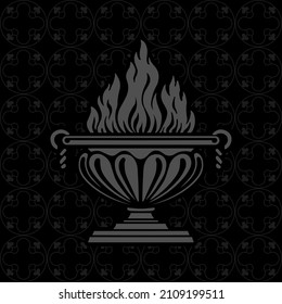 Ritual vessel with fire in antique style on the background of a seamless pattern