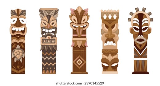 Estatuas rituales de madera. Tótems de dibujos étnicos tiki, tótem aborigen de palos, conjunto de ilustración plana vectorial. Esculturas tradicionales hawaianas o africanas