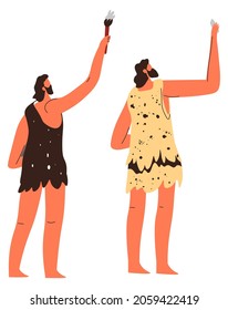 Rituals and beliefs of prehistoric people, stone age traditions and life of tribe. Hunters with flame and stone tool or instrument for work or hunting. Men in leathers and fur. Vector in flat style