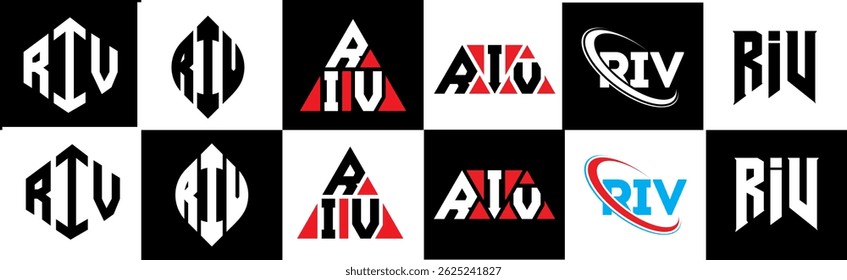 RIV letter logo design in six style. RIV polygon, circle, triangle, hexagon, flat and simple style with black and white color variation letter logo set in one artboard. RIV minimalist and classic logo