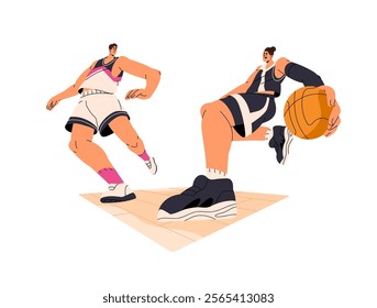 Rival basketball players run, dribbling in competition. Sportsmen, opponents struggle in basket ball match. Athletes play sports game, training. Flat isolated vector illustration on white background