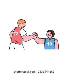 Ein Rivale hält die Hand eines gefallenen Spielers. einfache Vektorgrafik umreißen.