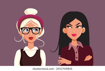 
Rival Woman Looking at Each other with Hat Vector Illustration. Unhappy competitive co-workers looking at each other with jealousy 
