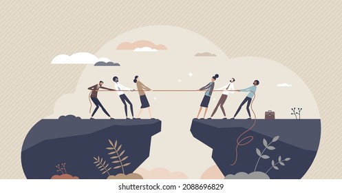 Rivalry as business competition, conflict or negotiation tiny person concept. Businessman challenge and employee confrontation about opposition interest vector illustration. Teamwork disagreement.