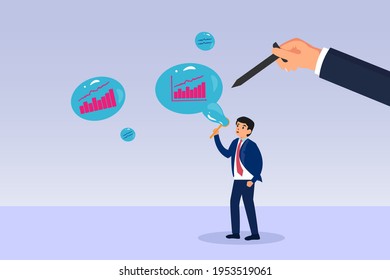 Rivalry business concept. Unknown hand using nails to pricking a soap bubble with growth finance graph during blew by a businessman