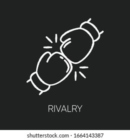 Icono blanco tiza rivalidad sobre fondo negro. Concurso amistoso, relación interpersonal competitiva. Enfrentamiento, conflicto, rivales, choque de oponentes. Ilustración aislada de cartón vectorial