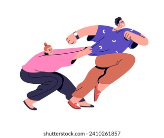 Rivalry concept. Interfering, stopping, preventing from running. Man and woman couple in conflict, toxic relationship, communication. Flat graphic vector illustration isolated on white background