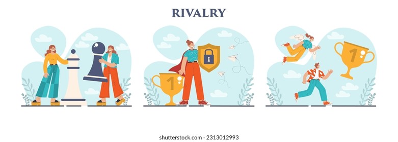 Rivalry concept set. Characters competing with each other. Business contest, employees compete towards success. Flat vector illustration