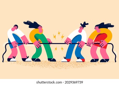 Rivalry, contest and sport challenge concept. Group of people cartoon characters making rivalry contest fighting with rope with each other competing fighting vector illustration 