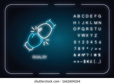 Icono de luz de neón de rivalidad. Efecto luminoso exterior. Signo con alfabeto, números y símbolos. Concurso amistoso, relación competitiva. Enfrentamiento de rivales. Ilustración de color RGB aislada por vectores