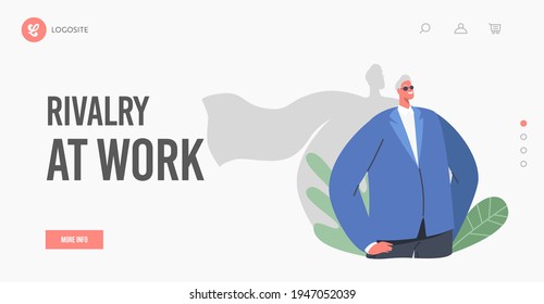 Rivalry at Work Landing Page Template. Businessman Character with Shadow in Superhero Cloak Stand with Arms Akimbo, Entrepreneur Show Power, Most Great Financial Result. Cartoon Vector Illustration