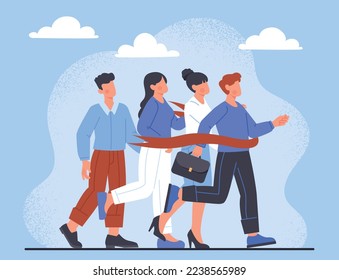 Rivalry at work. Men and women run and tear red ribbon. Competitions and winners, award. Best employees concept. Hardworking workers. Poster or banner for website. Cartoon flat vector illustration