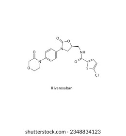 Rivaroxaban flat skeletal molecular structure Factor XA inhibitor drug used in risk of thrombosis treatment. Vector illustration.