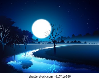 river across grassland and tree and mountain at night