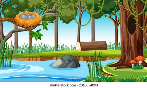 Fluss entlang der Waldszene zur Tageszeit Illustration