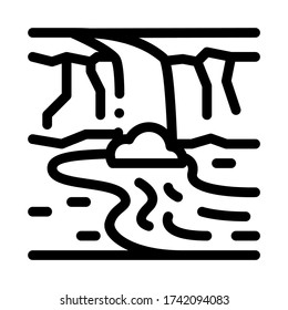 Fluss zwischen Bergen Ikone Vektor. Fluss zwischen den Bergen Schild. Kontursymbol